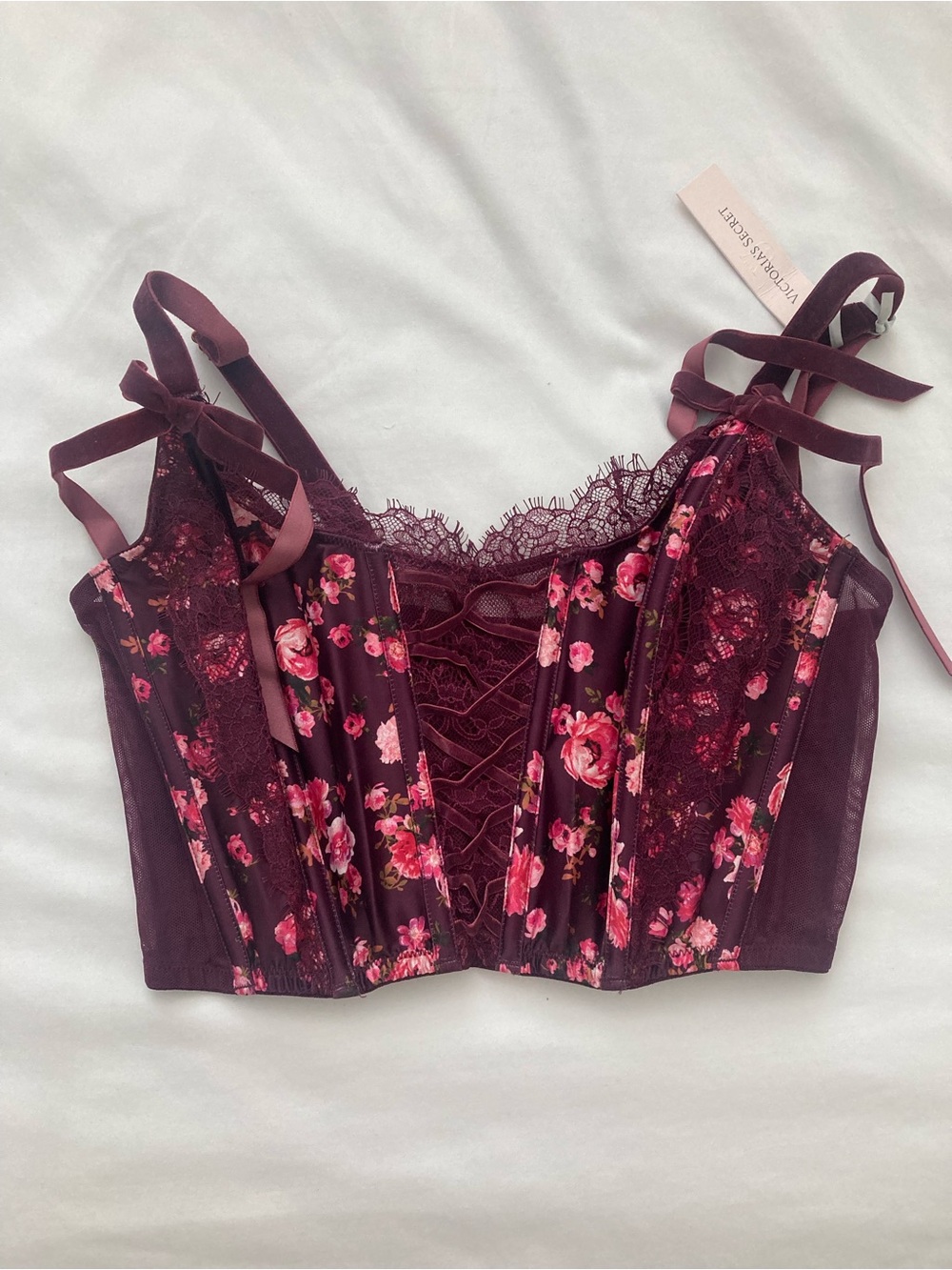 NWT Victoria's Secret Dream Angels Floral Lace Bustier Burgundy Large